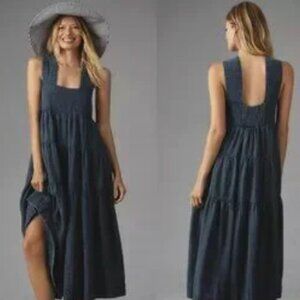 NWT Anthropologie Helena Square-Neck Tiered Midi-Dress Smocked Denim, Sz S